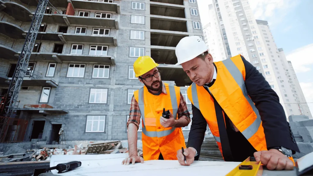 Two construction managers in safety vests reviewing blueprints together at a job site, demonstrating effective delegation and team management to scale a restoration business.