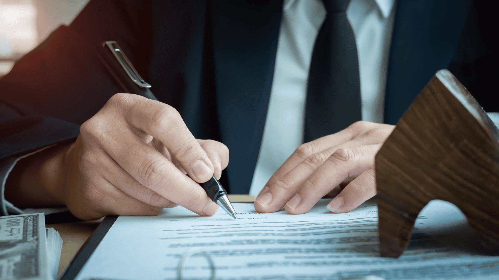 Close-up of hands signing a contract agreement next to a wooden house model and a stack of cash