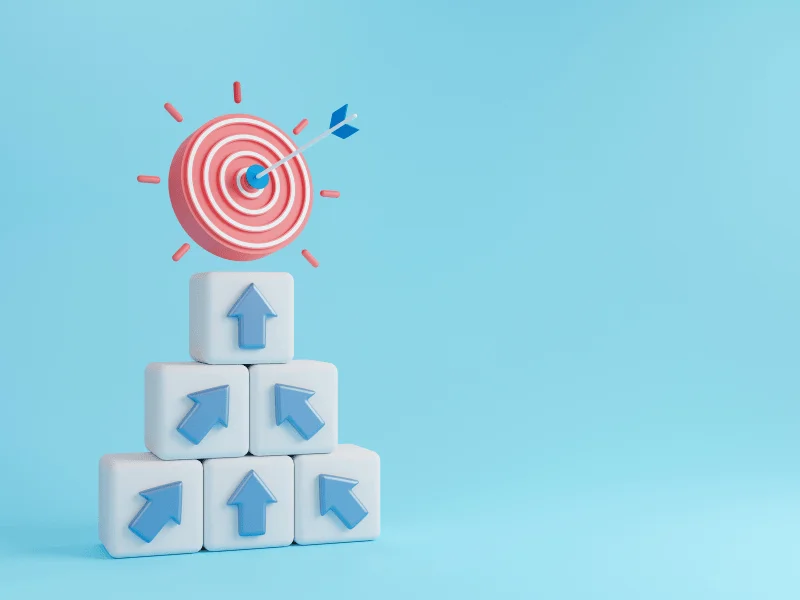 3D illustration of stacked blocks with upward arrows leading to a target, symbolizing the Smart Scaling Success result for growing restoration businesses